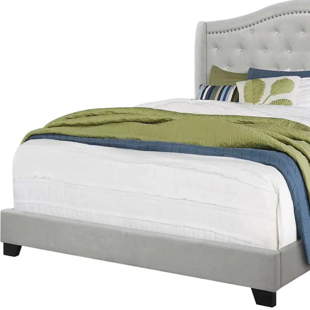 Tufted Light Gray Standard Bed Upholstered With Nailhead Trim And With Headboard - Homeroots - Flyclothing LLC
