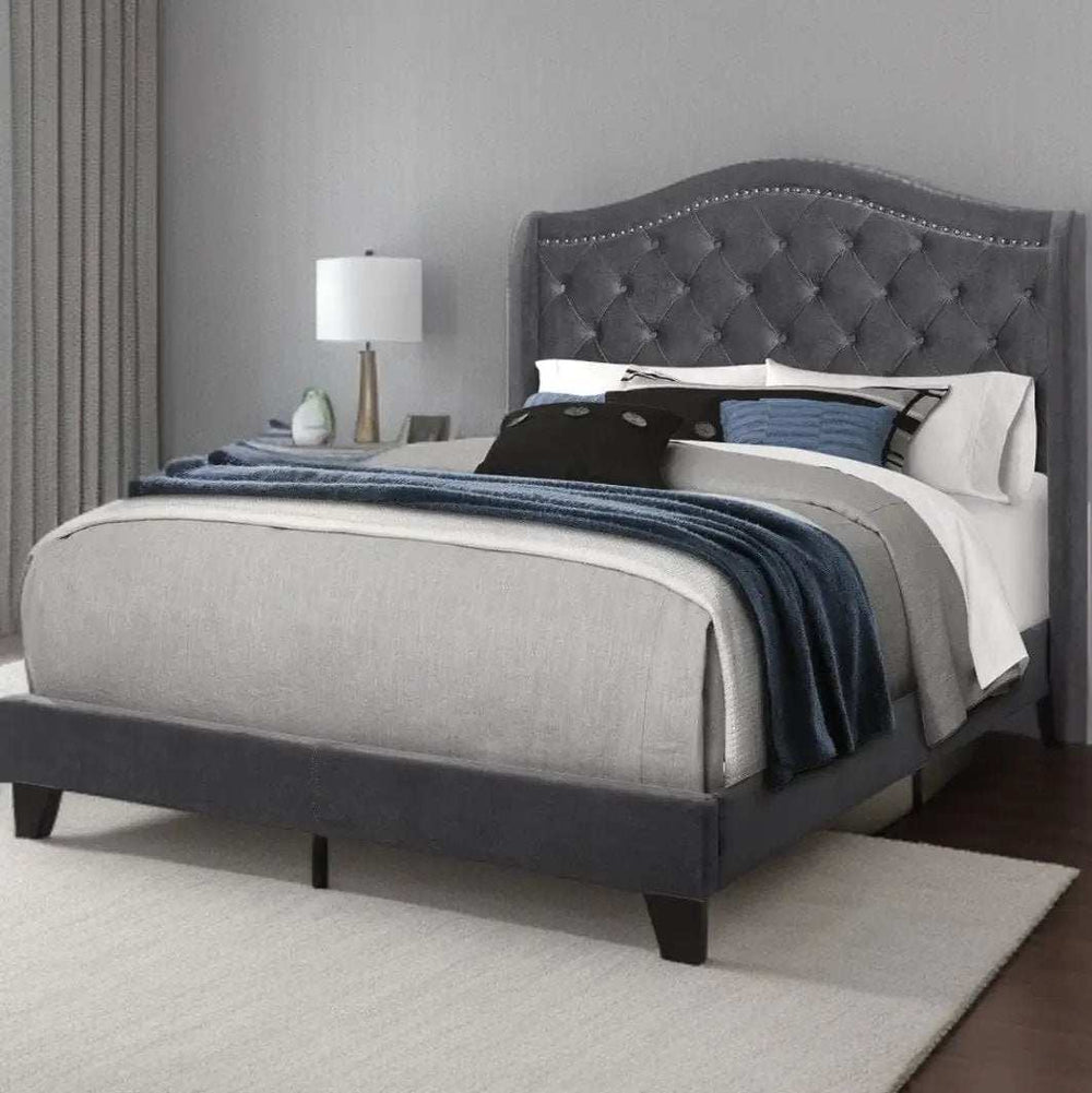 Solid Wood Queen Tufted Dark Gray And Gray Upholstered Velvet Bed - Homeroots - Flyclothing LLC