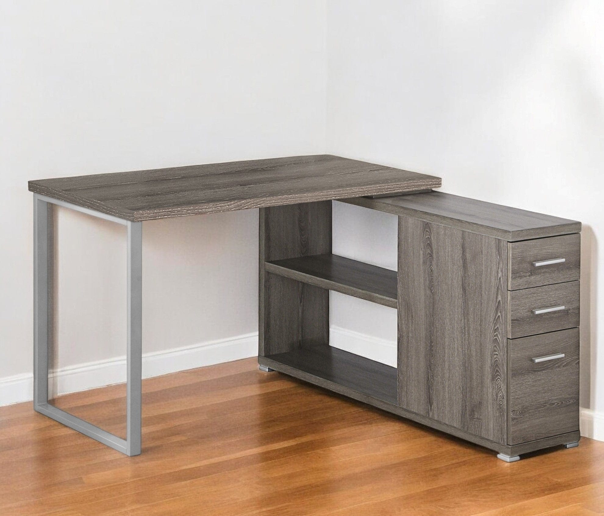 47" Taupe and Silver L Shape Computer Desk With Three Drawers - Homeroots - Flyclothing LLC