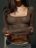 Devine Square Neck Long Sleeve Eyelet T-Shirt - Trendsi