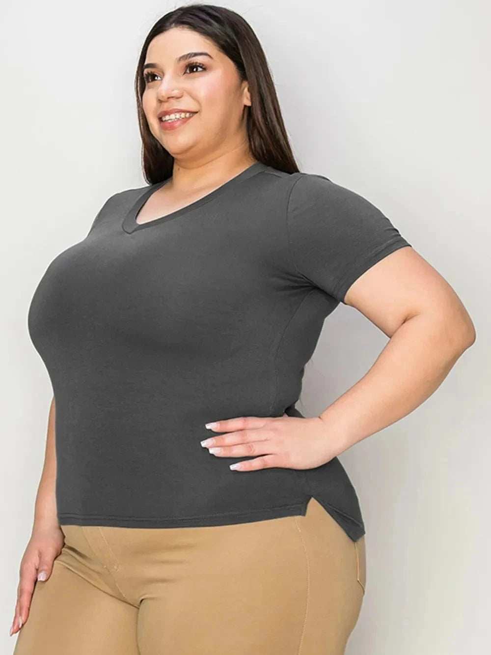 Basic Bae Full Size V-Neck High-Low T-Shirt - Trendsi - Flyclothing LLC
