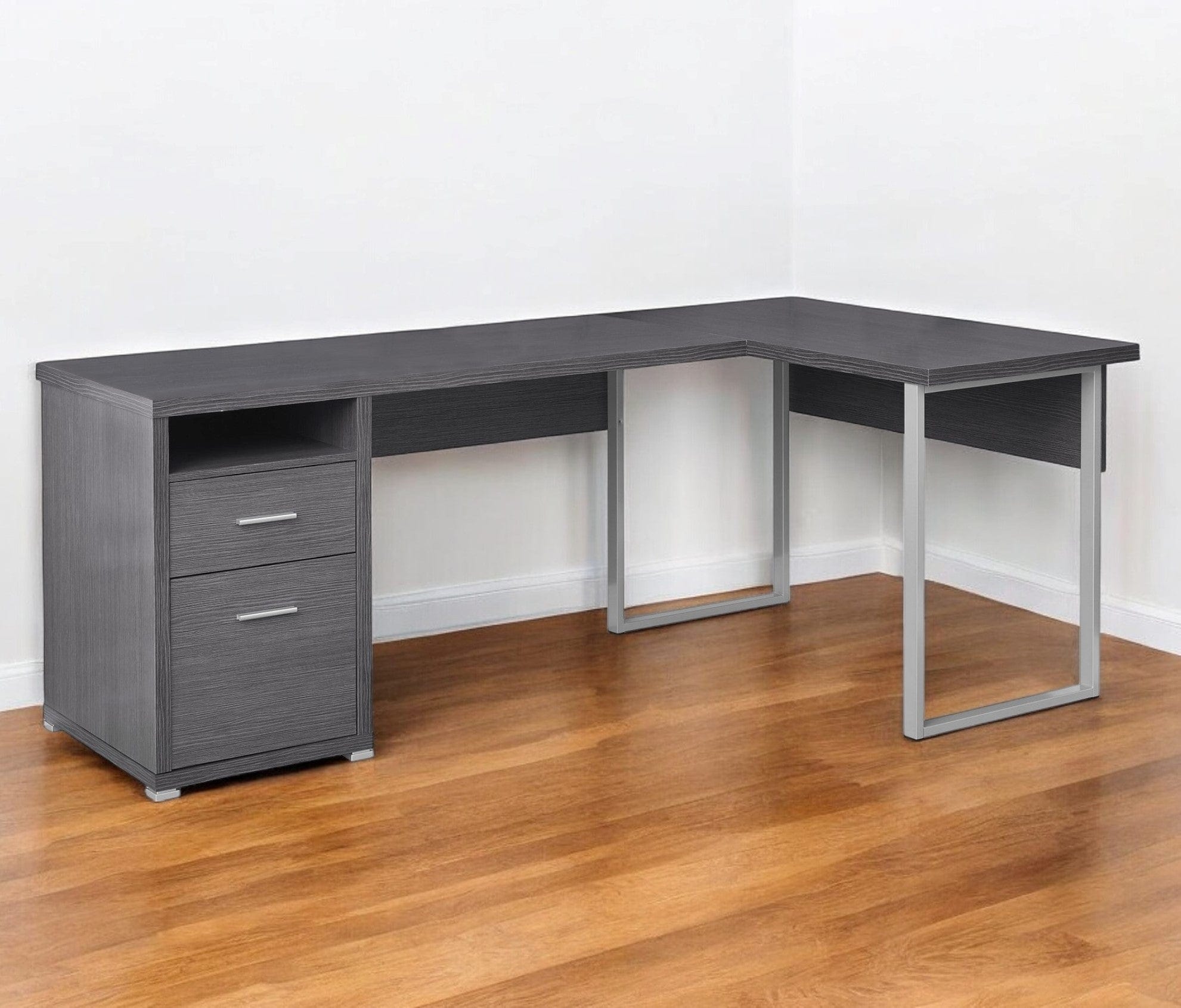 47" Gray and Silver L Shape Computer Desk With Two Drawers - Homeroots - Flyclothing LLC