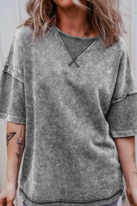 Mineral Wash Drop Shoulder Round Neck T-Shirt - Trendsi - Flyclothing LLC