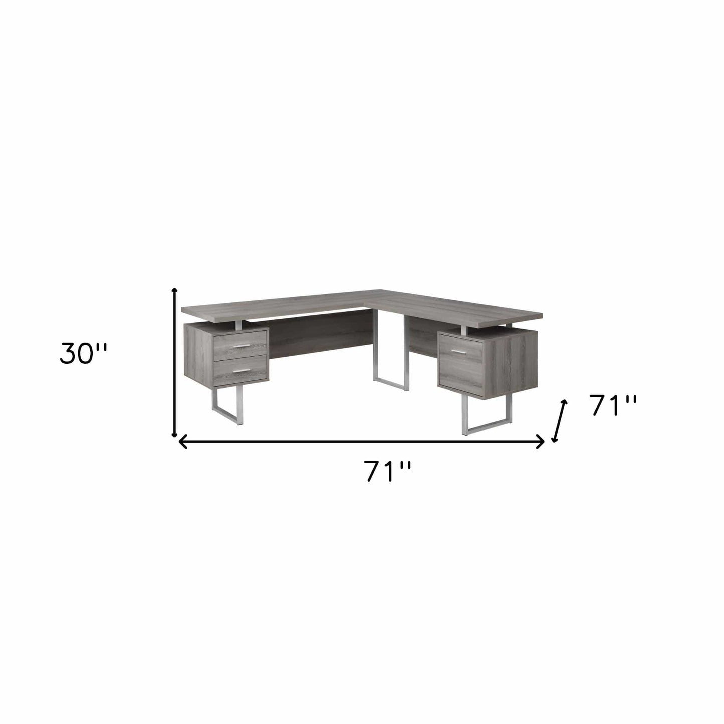 71" Taupe and Silver L Shape Computer Desk With Three Drawers - Homeroots - Flyclothing LLC