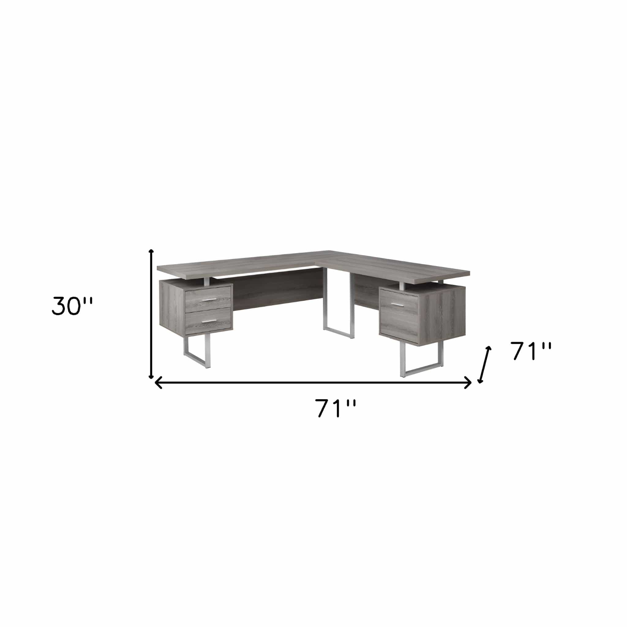 71" Taupe and Silver L Shape Computer Desk With Three Drawers - Homeroots - Flyclothing LLC