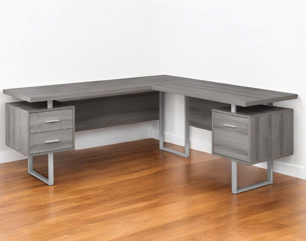71" Taupe and Silver L Shape Computer Desk With Three Drawers - Homeroots - Flyclothing LLC