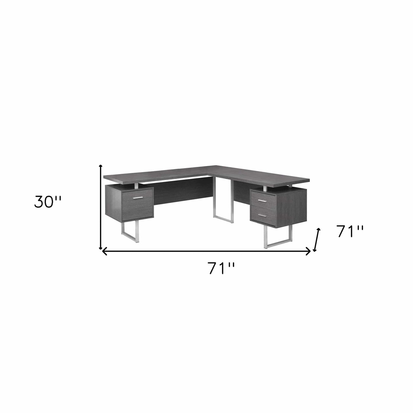 71" Gray and Silver L Shape Computer Desk With Three Drawers - Homeroots - Flyclothing LLC