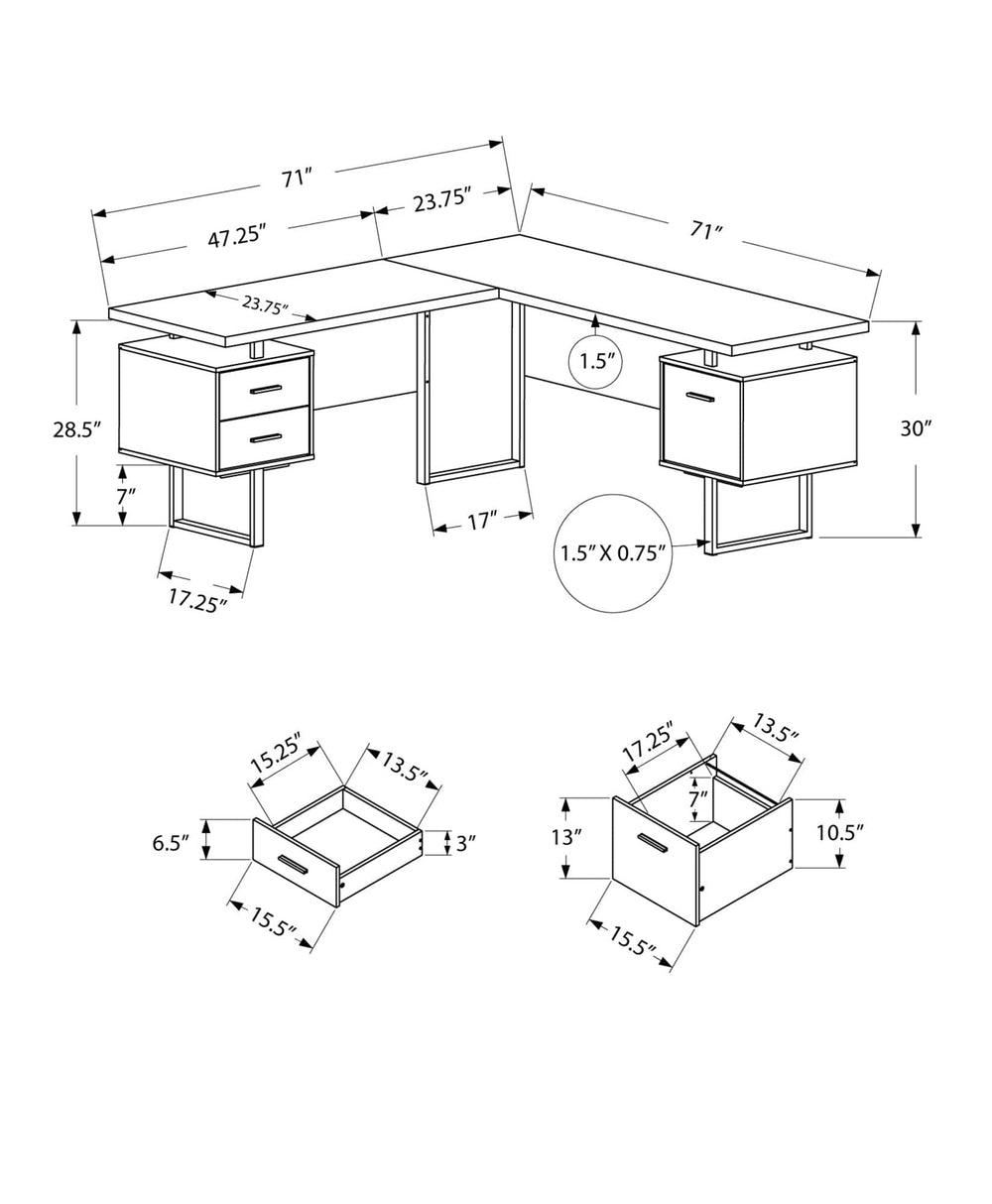 71" Gray and Silver L Shape Computer Desk With Three Drawers - Homeroots - Flyclothing LLC