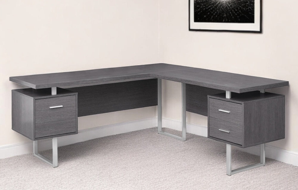 71" Gray and Silver L Shape Computer Desk With Three Drawers - Homeroots - Flyclothing LLC