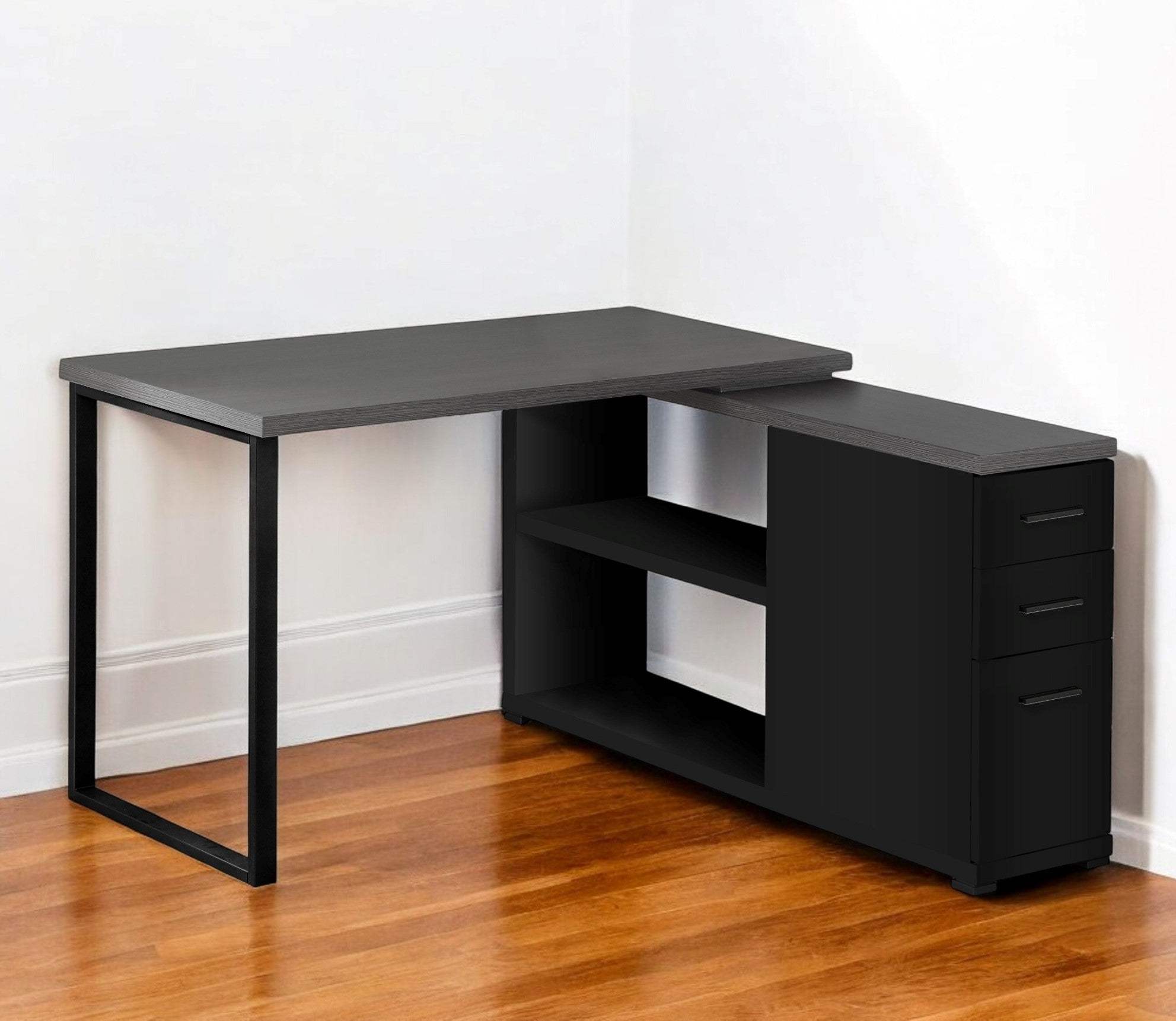 47" Gray and Black L Shape Computer Desk With Three Drawers - Homeroots - Flyclothing LLC