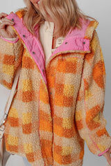 Checkered Long Sleeve Sherpa Hooded Jacket - Trendsi - Flyclothing LLC