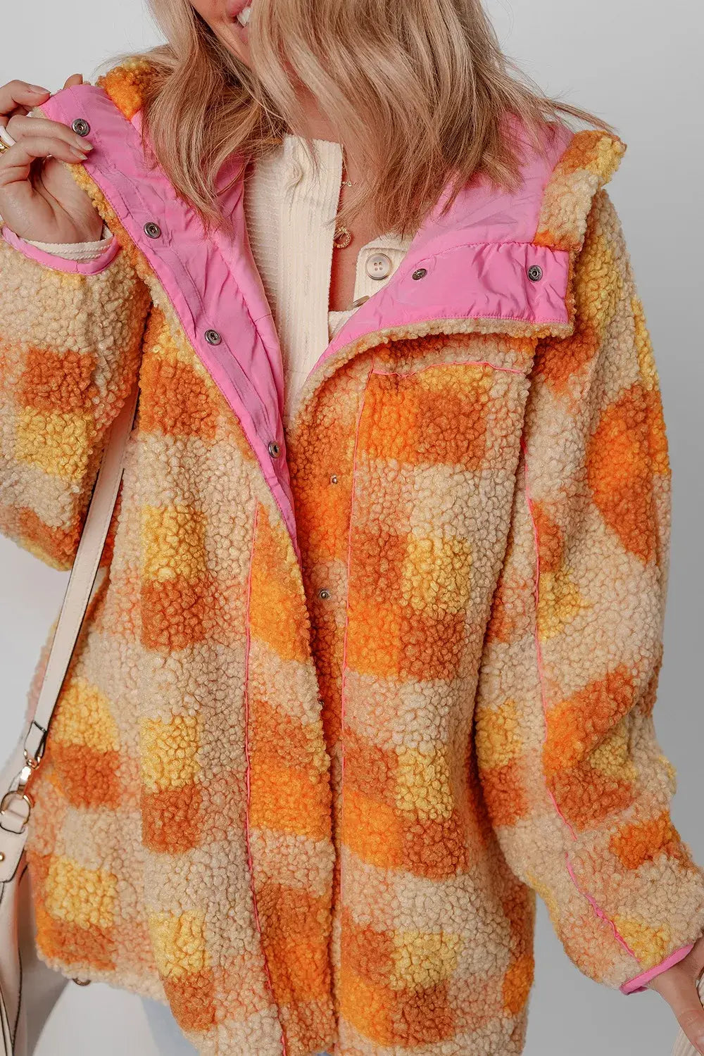 Checkered Long Sleeve Sherpa Hooded Jacket - Trendsi - Flyclothing LLC