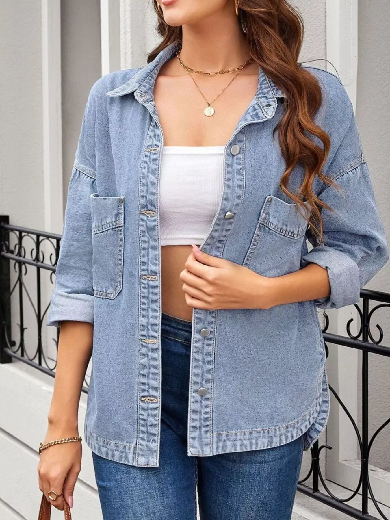 Casual Button Up Loose Fit Denim Jacket - Trendsi - Flyclothing LLC
