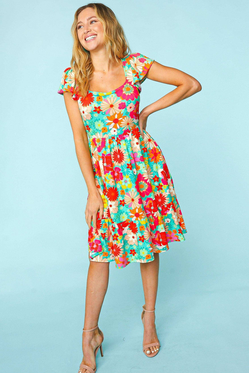 Haptics Floral Square Neck Short Sleeve Dress - Trendsi - Flyclothing LLC