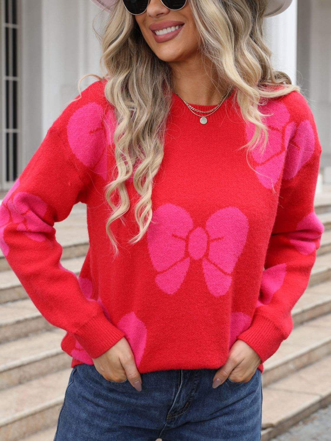 Angel Wings Bow Round Neck Dropped Shoulder Sweater - Trendsi - Flyclothing LLC