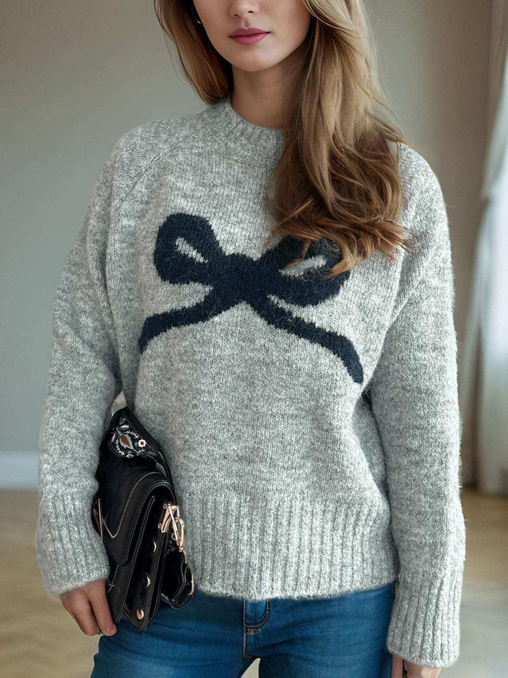 Bow Round Neck Long Sleeve Sweater - Trendsi - Flyclothing LLC
