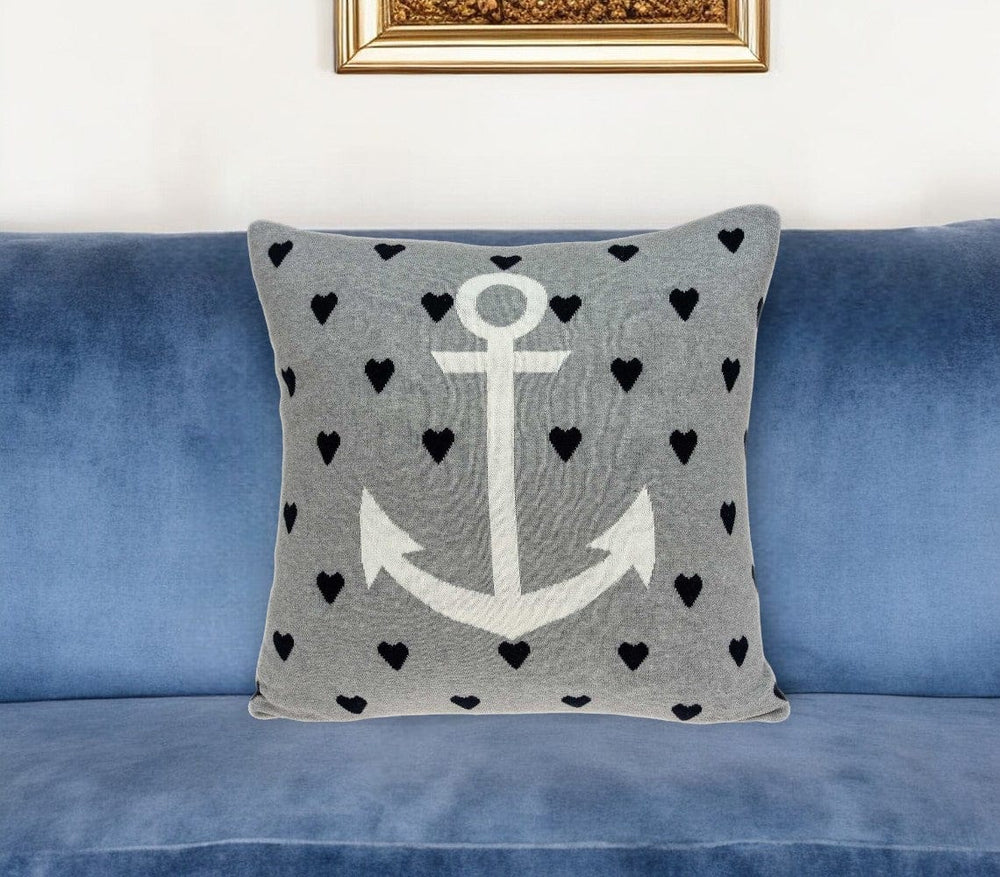 Casual Square Grey Nautical Anchor Accent Pillow - Homeroots