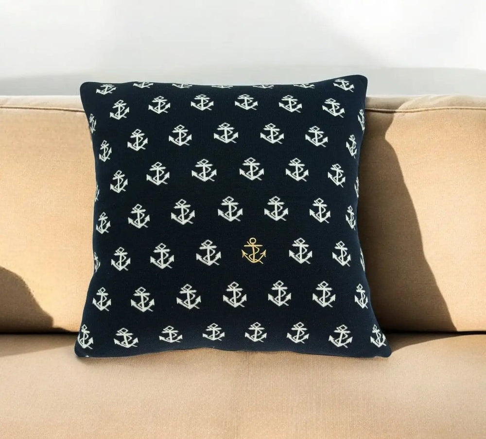 20" Blue and Off White Reversible Nautical Anchor Cotton Throw Pillow - Homeroots