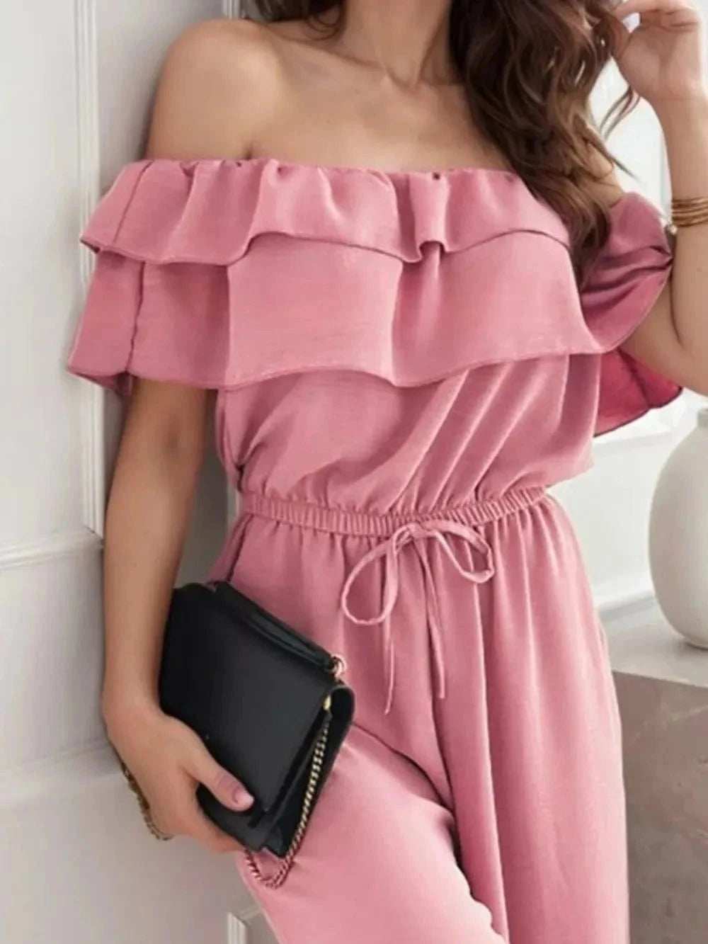 Ruffled Off Shoulder Wide Leg Jumpsuit - Trendsi - Flyclothing LLC