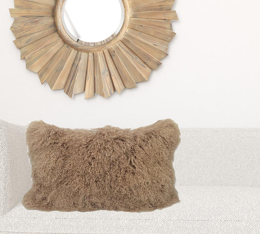 17" Beige Genuine Tibetan Lamb Fur Pillow With Microsuede Backing - Homeroots