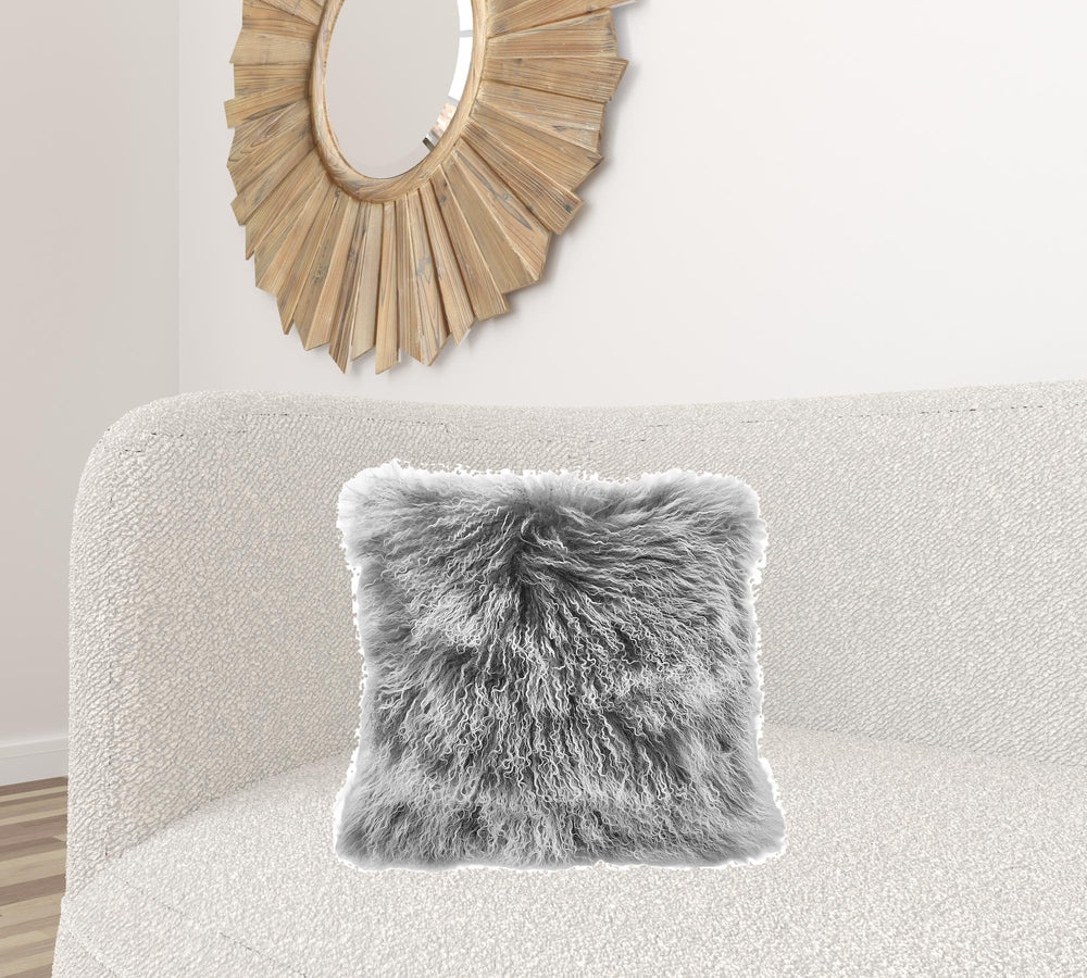 20" Grey Genuine Tibetan Lamb Fur Pillow With Microsuede Backing - Homeroots - Flyclothing LLC
