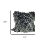 20" Black White Genuine Tibetan Lamb Fur Pillow With Microsuede Backing - Homeroots - Flyclothing LLC