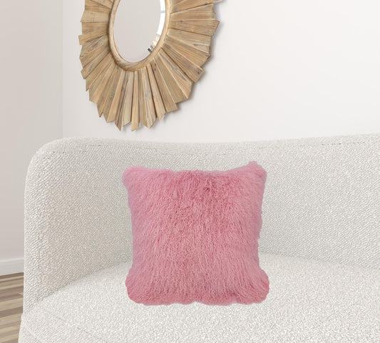 20" Pink Genuine Tibetan Lamb Fur Pillow With Microsuede Backing - Homeroots