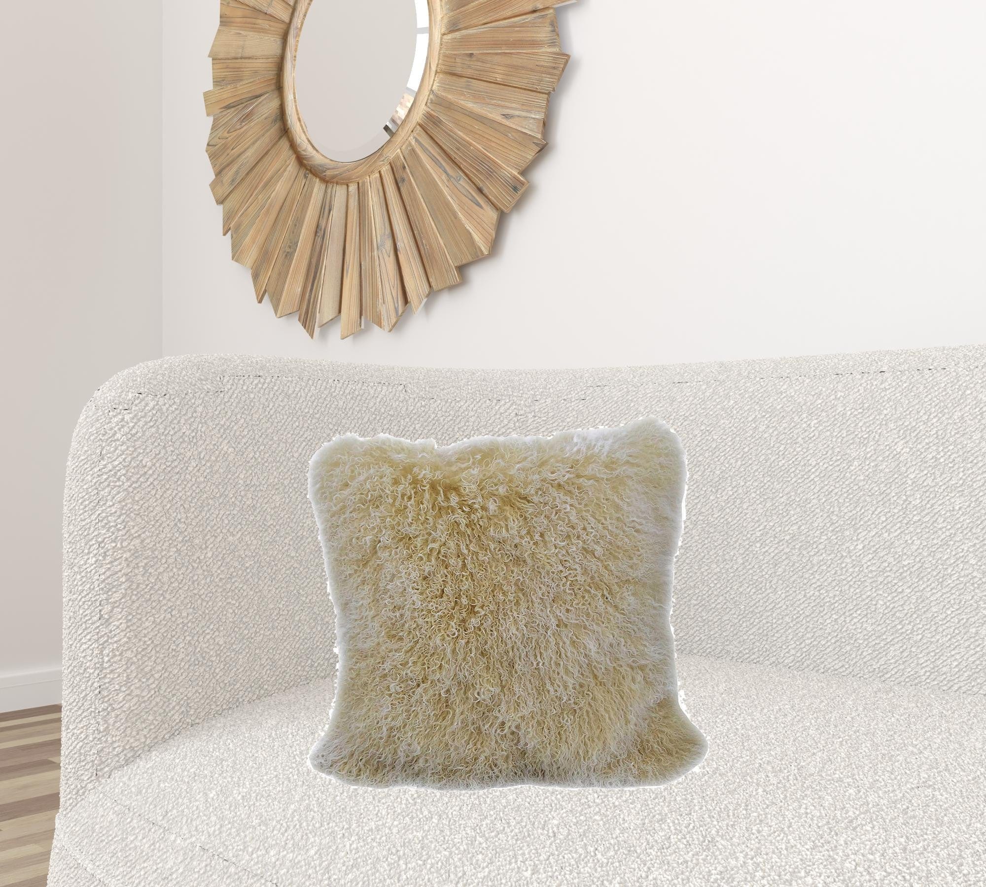 20" Gold Genuine Tibetan Lamb Fur Pillow With Microsuede Backing - Homeroots - Flyclothing LLC
