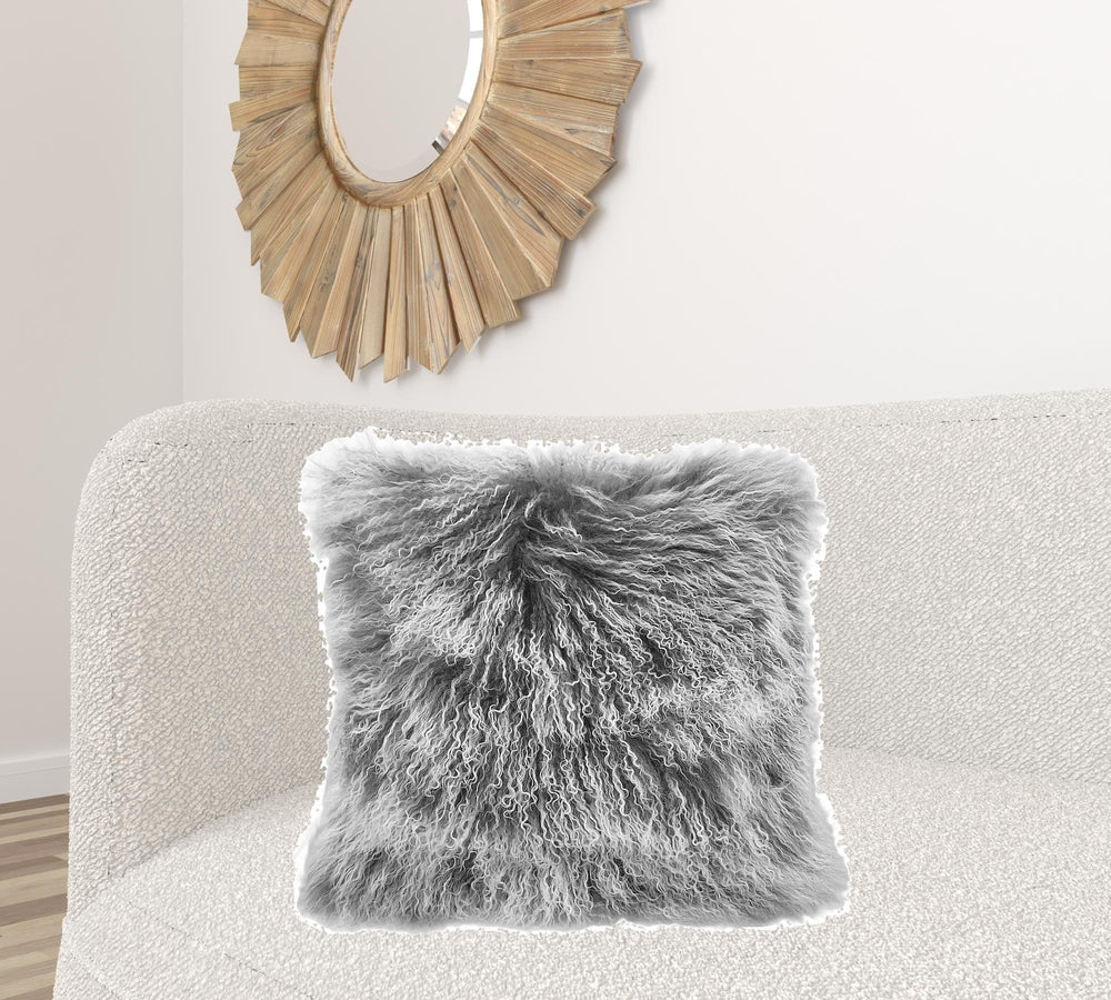 24" Grey Genuine Tibetan Lamb Fur Pillow With Microsuede Backing - Homeroots - Flyclothing LLC
