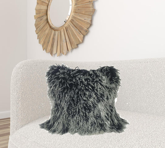 24" Black Genuine Tibetan Lamb Fur Pillow With Microsuede Backing - Homeroots