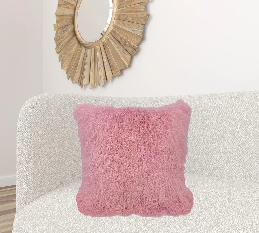 24" Pink Genuine Tibetan Lamb Fur Pillow With Microsuede Backing - Homeroots - Flyclothing LLC