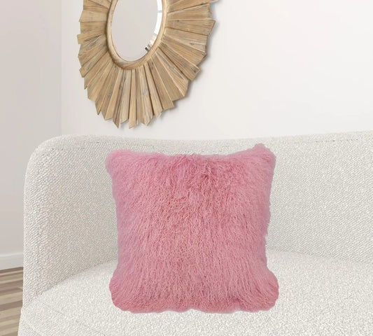 24" Pink Genuine Tibetan Lamb Fur Pillow With Microsuede Backing - Homeroots