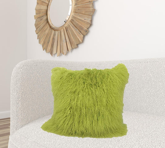 24" Lime Green Genuine Tibetan Lamb Fur Pillow With Microsuede Backing - Homeroots
