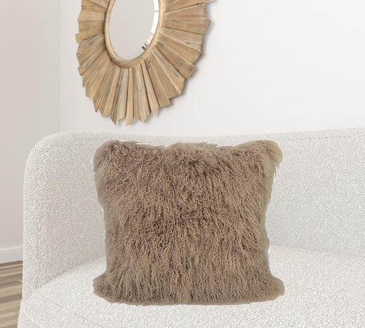 24" Beige Genuine Tibetan Lamb Fur Pillow With Microsuede Backing - Homeroots