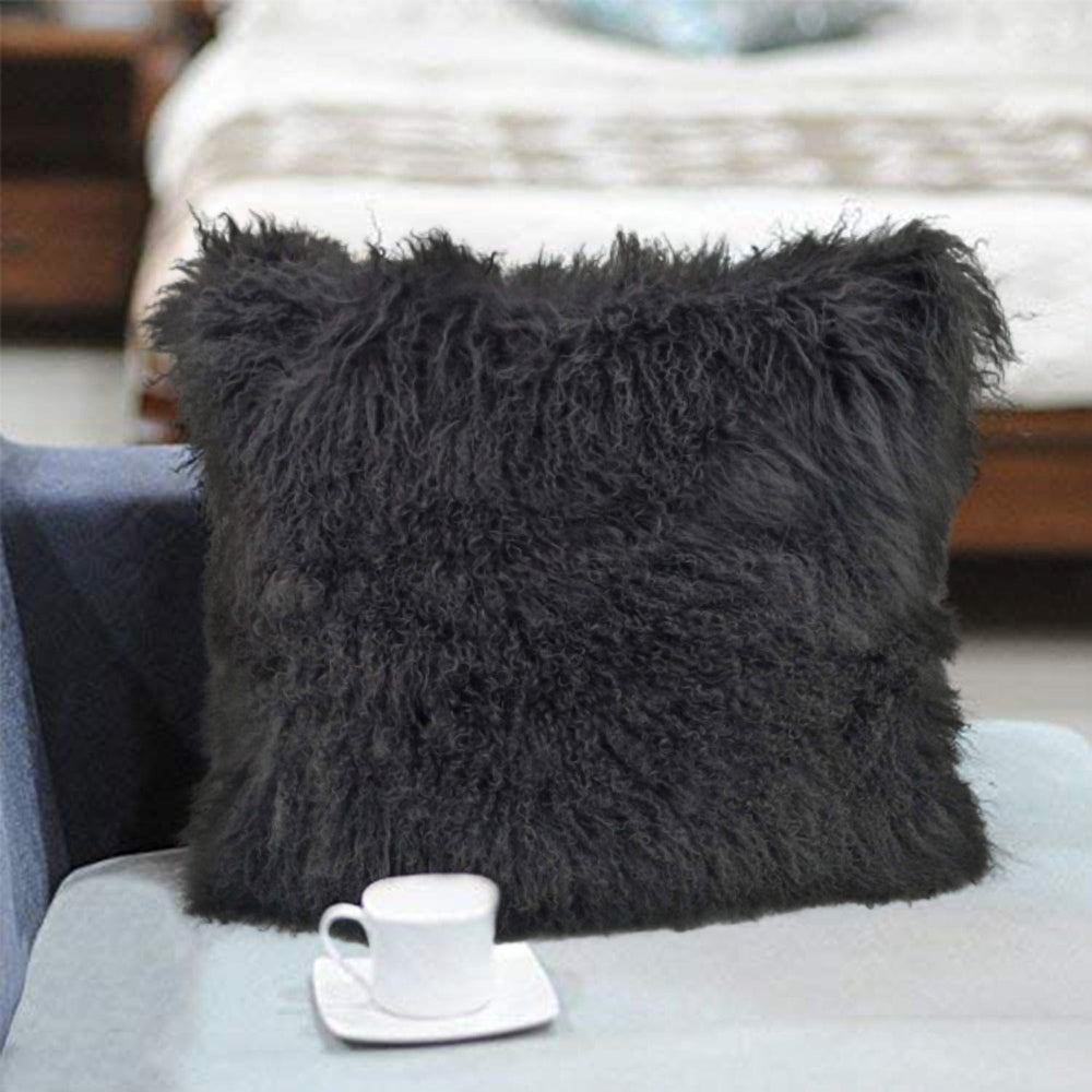 24" Charcoal Genuine Tibetan Lamb Fur Pillow With Microsuede Backing - Homeroots - Flyclothing LLC
