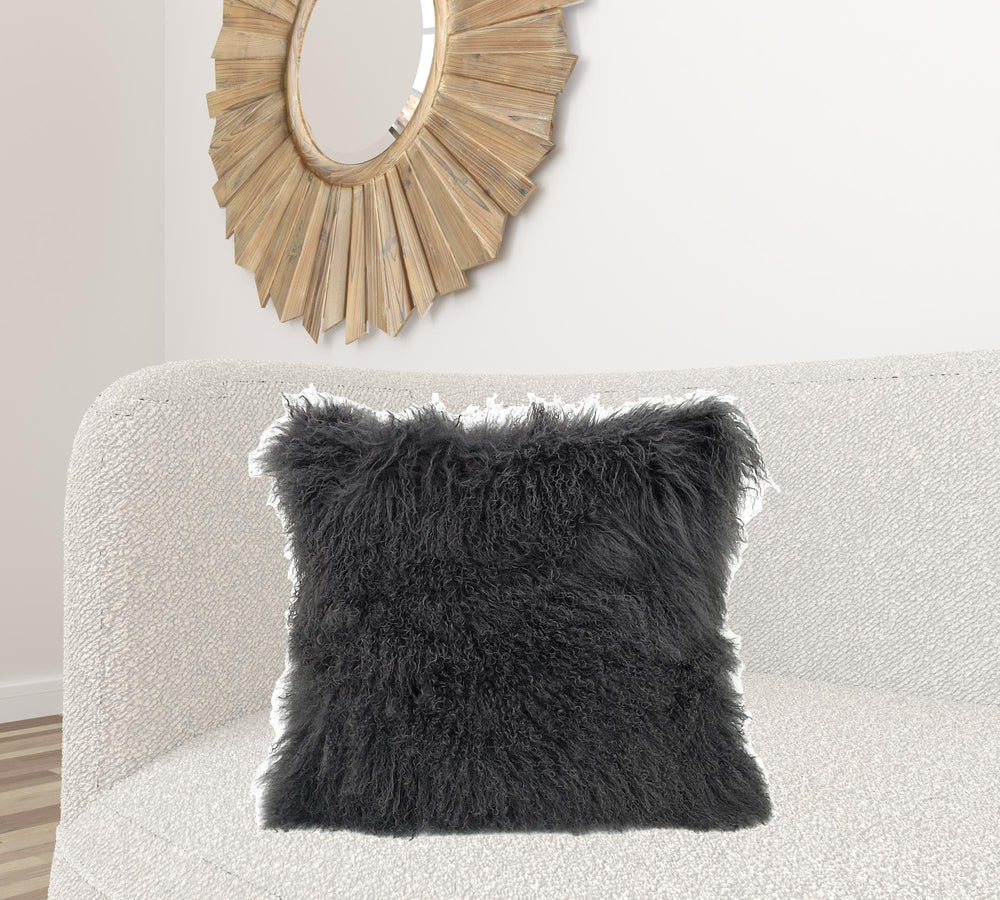 24" Charcoal Genuine Tibetan Lamb Fur Pillow With Microsuede Backing - Homeroots - Flyclothing LLC
