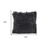24" Charcoal Genuine Tibetan Lamb Fur Pillow With Microsuede Backing - Homeroots - Flyclothing LLC