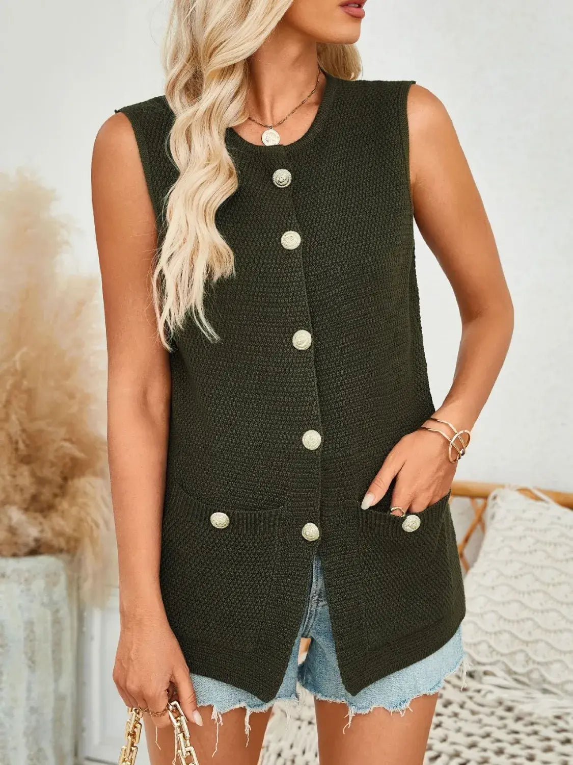 Button Down Round Neck Knit Vest - Trendsi - Flyclothing LLC
