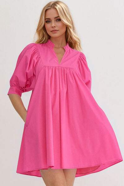 Oh Frill Notched Puff Sleeve Babydoll Mini Dress - Trendsi - Flyclothing LLC