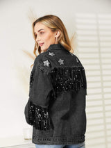 Fringe Detail Long Sleeve Denim Jacket - Trendsi - Flyclothing LLC