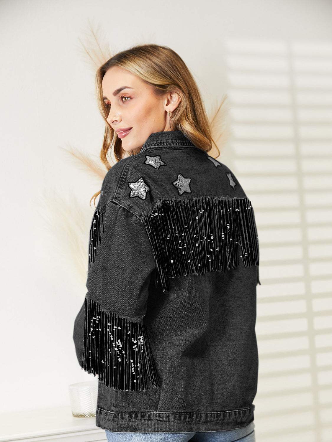 Fringe Detail Long Sleeve Denim Jacket - Trendsi - Flyclothing LLC