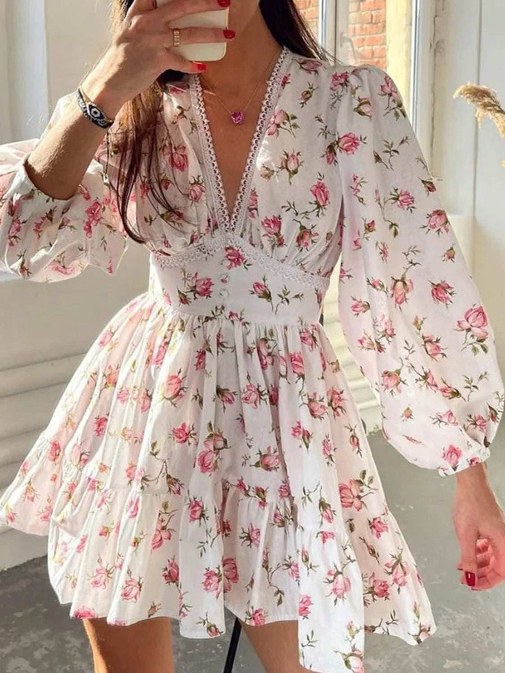 Lace Detail V-Neck Balloon Sleeve Dress - Trendsi - Flyclothing LLC
