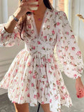 Lace Detail V-Neck Balloon Sleeve Dress - Trendsi - Flyclothing LLC