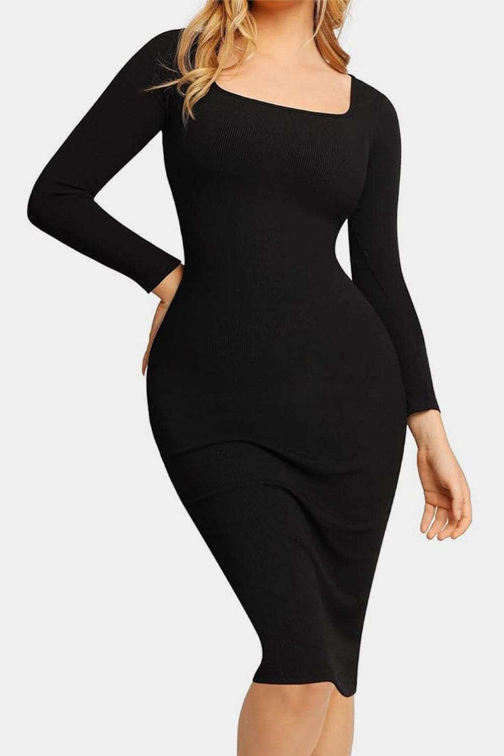 Basic Bae Full Size Built-In Shapewear Square Neck Long Sleeve Dress - Trendsi - Flyclothing LLC
