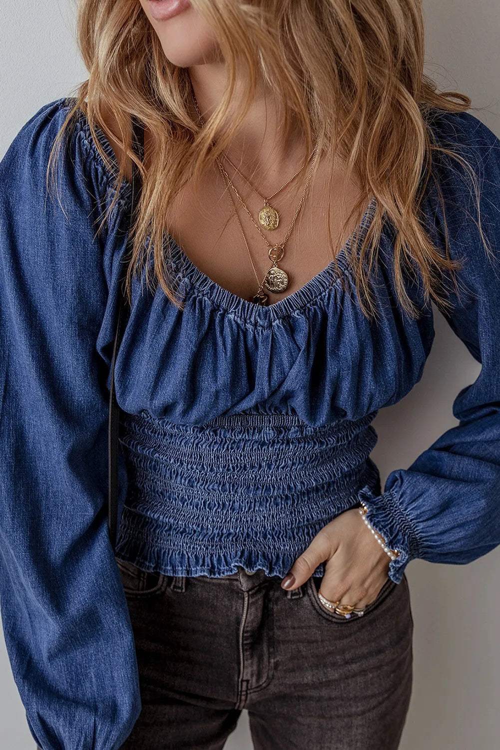 Smocked Long Sleeve Denim Top - Trendsi - Flyclothing LLC