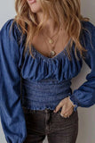 Smocked Long Sleeve Denim Top - Trendsi - Flyclothing LLC