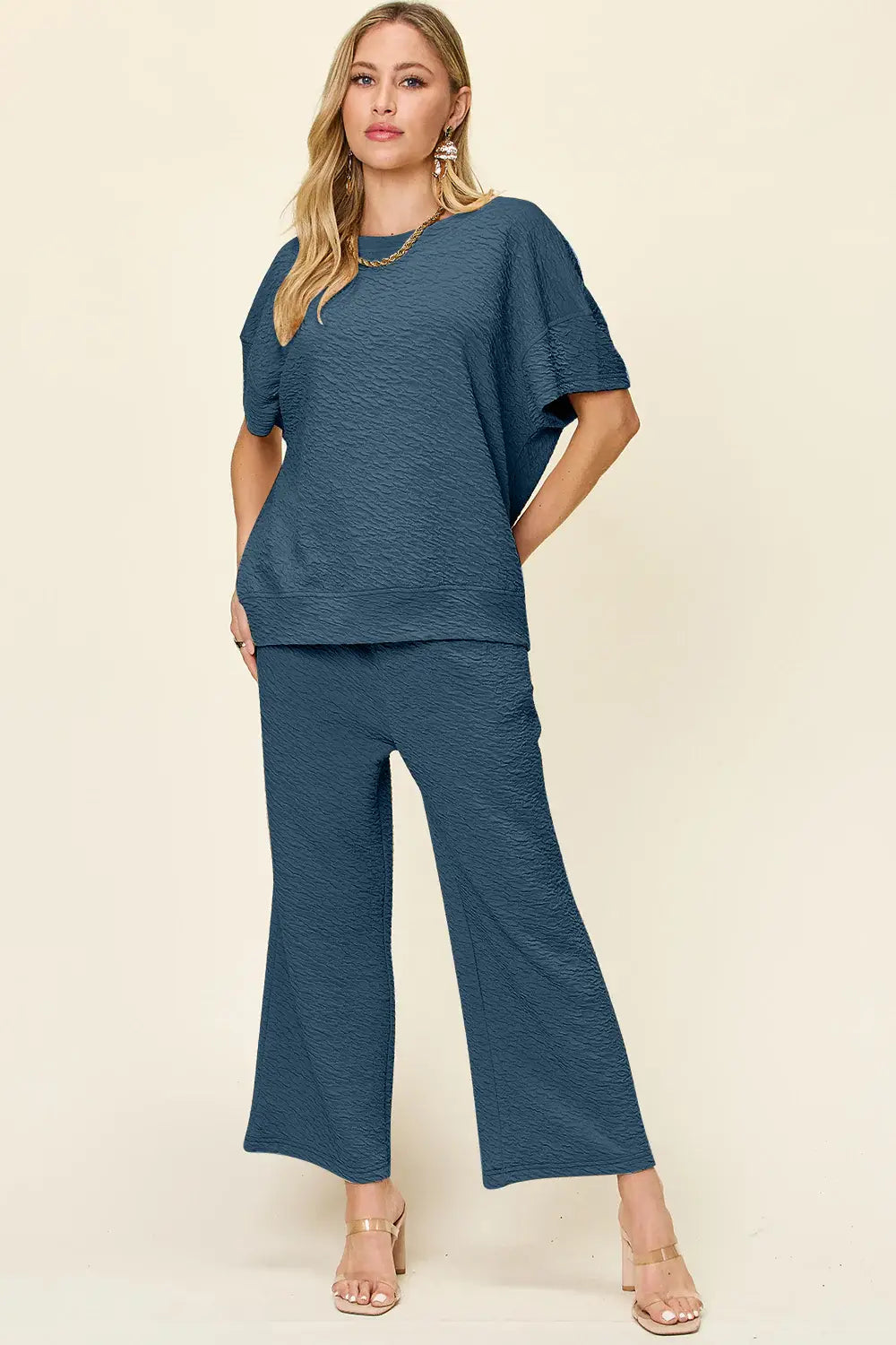 Double Take Full Size Texture Short Sleeve Top and Pants Set - Trendsi - Flyclothing LLC