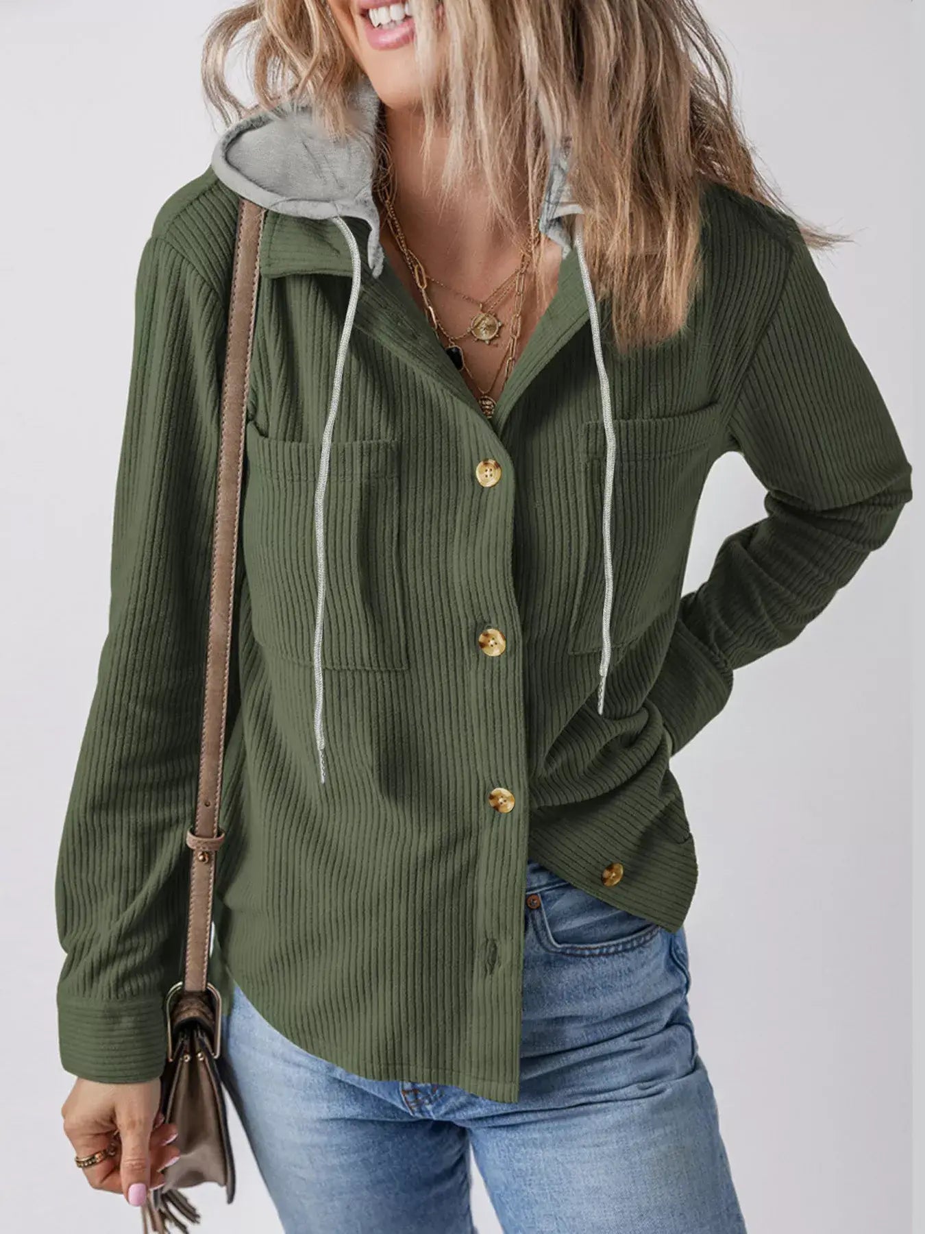 Hooded Corduroy Button-Down Jacket - Trendsi - Flyclothing LLC