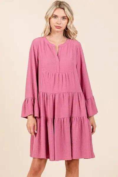Mittoshop Tiered Notched Flare Sleeve Dress - Trendsi - Flyclothing LLC