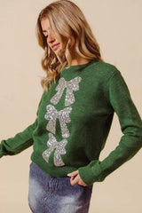 SO ME Sequins Bow Ribbon Embellished Christmas Sweater - Trendsi - Flyclothing LLC